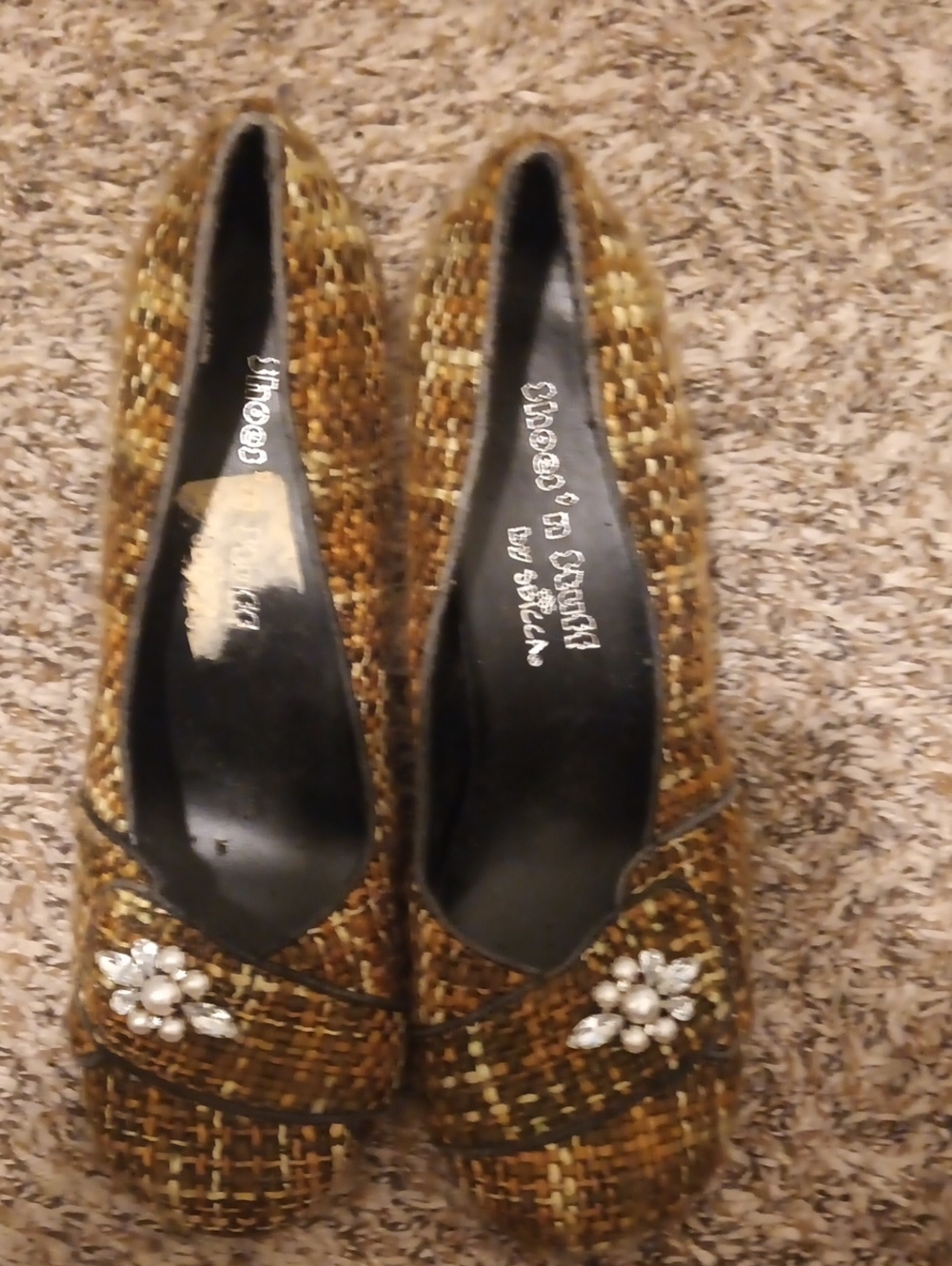 Vintage Women's Tweed Gem-Embellished Flats - Brown Sbicca Sz 9m